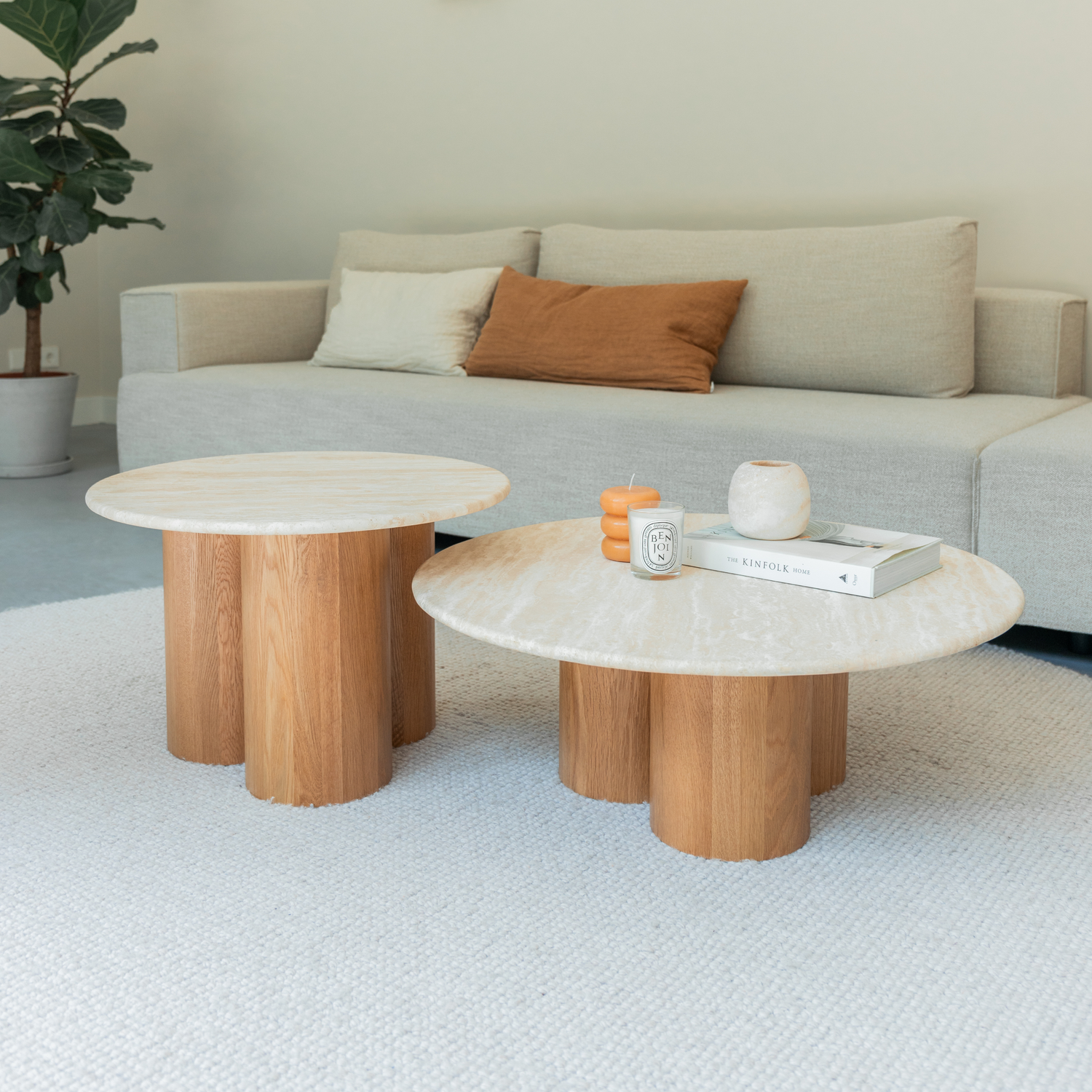 Marmurowy zestaw stolików kawowych Ibiza – jasny dąb