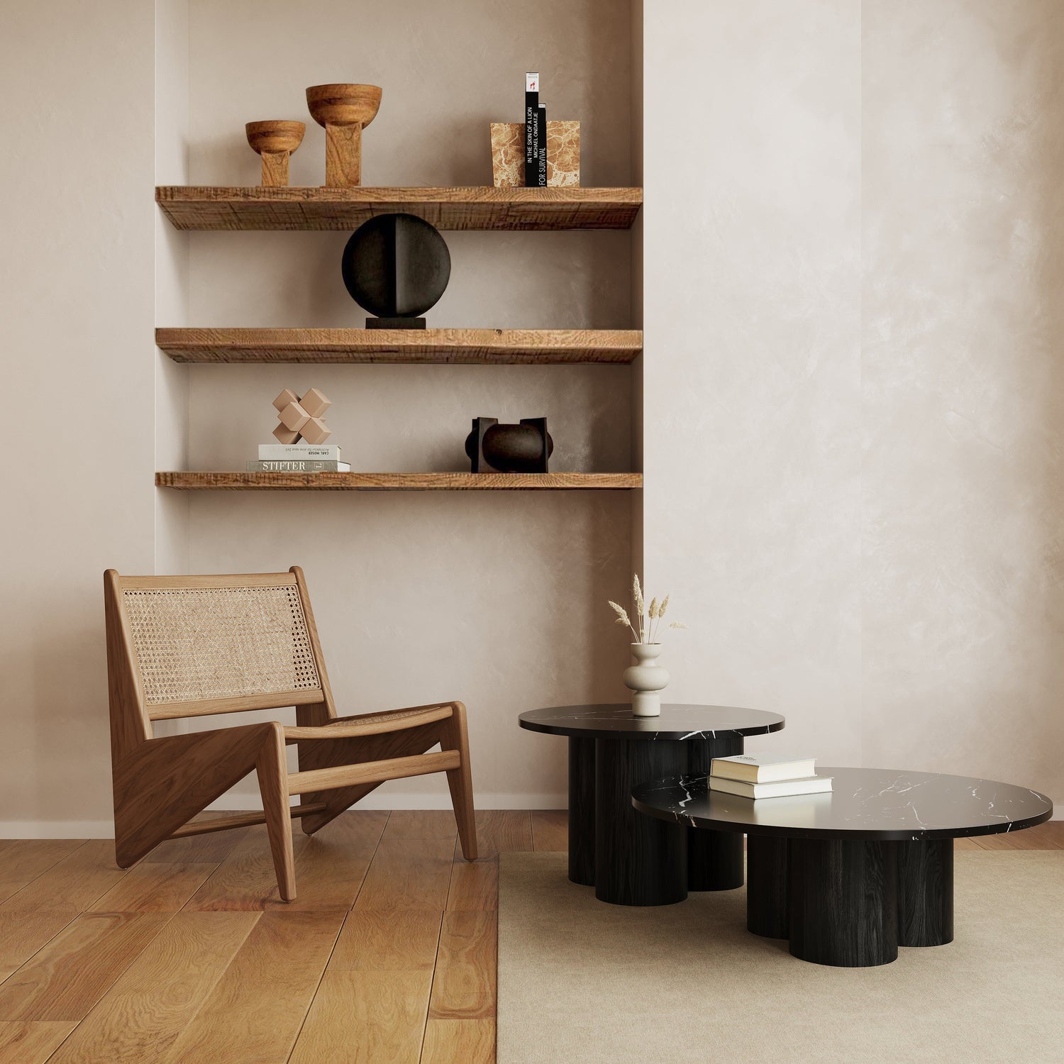 Marmurowy zestaw stolików kawowych Madrid - czarny dąb