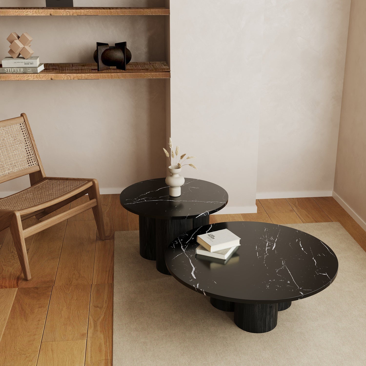 Marmurowy zestaw stolików kawowych Madrid - czarny dąb