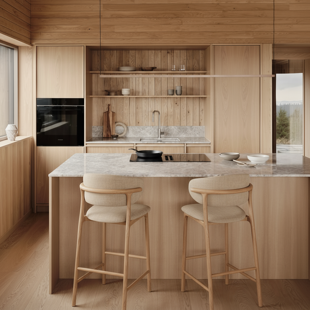 Hoker Koral - drewno dębowe jasne, tkanina w kolorze piaskowym